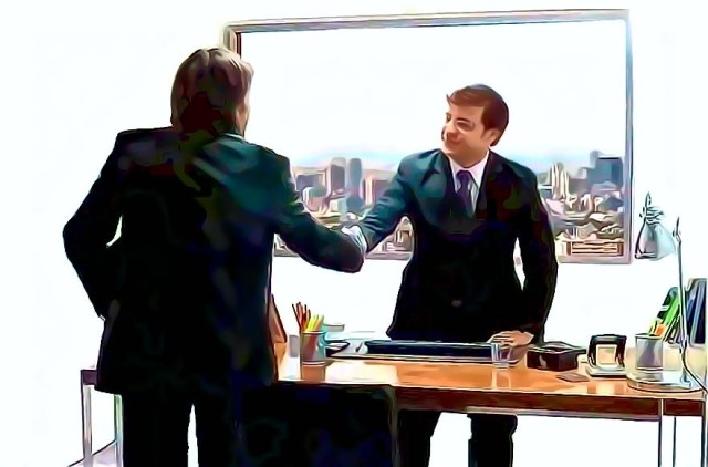 Posterized image of two men shaking hands in an office - Oberg Law Group APC